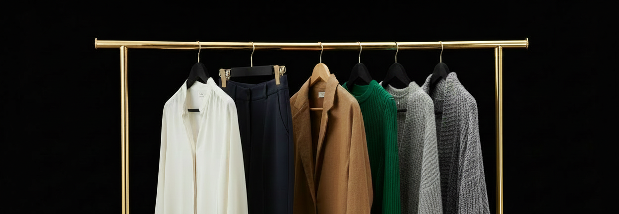 Kleding op zwart-gouden rek, alle hangers zwart met goud